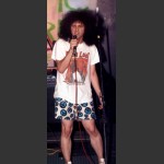 Ned Nugent, giving it everything, in peace sign boxers